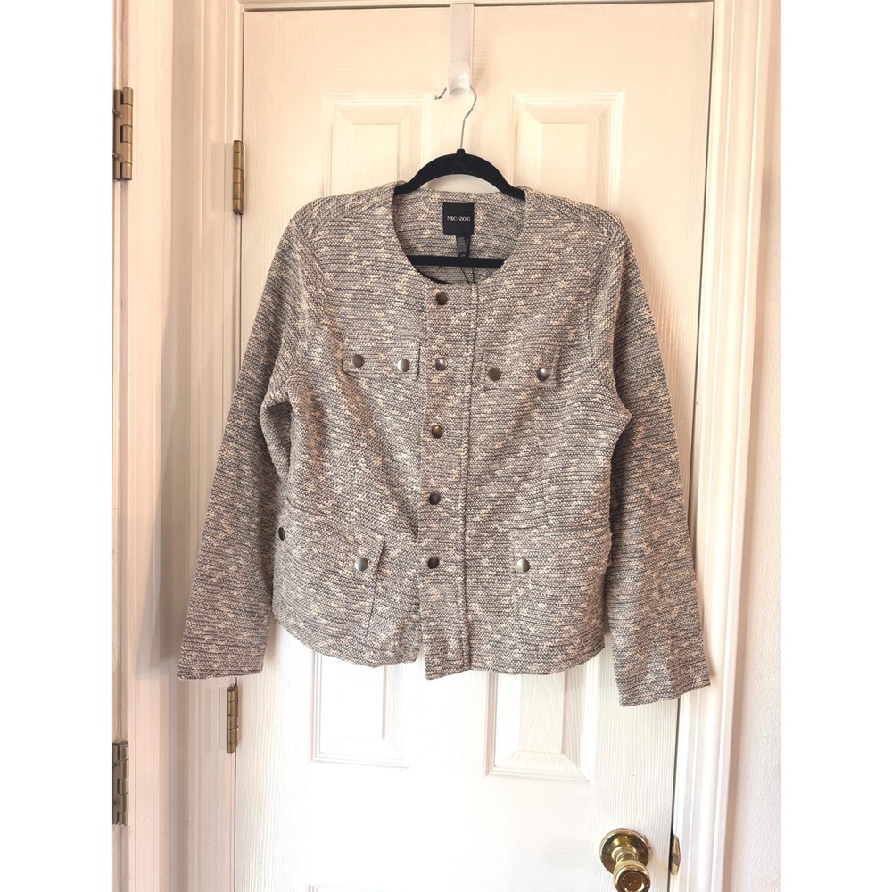 NIC+ZOE Gray Textured Tweed Knit Metallic Button Front Jacket‎ Large New